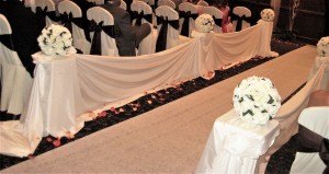 Pew Decor Satin Draped Pillars & Rose Balls Rental