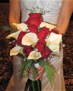 Red Roses,Calla Lily and Silver Pearls  Bouquet